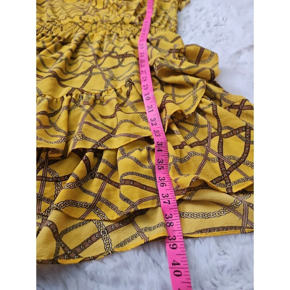 Michael Kors Yellow Gold Chain Print Dress Women's XL V-Neck Smocked Waist Ruffl